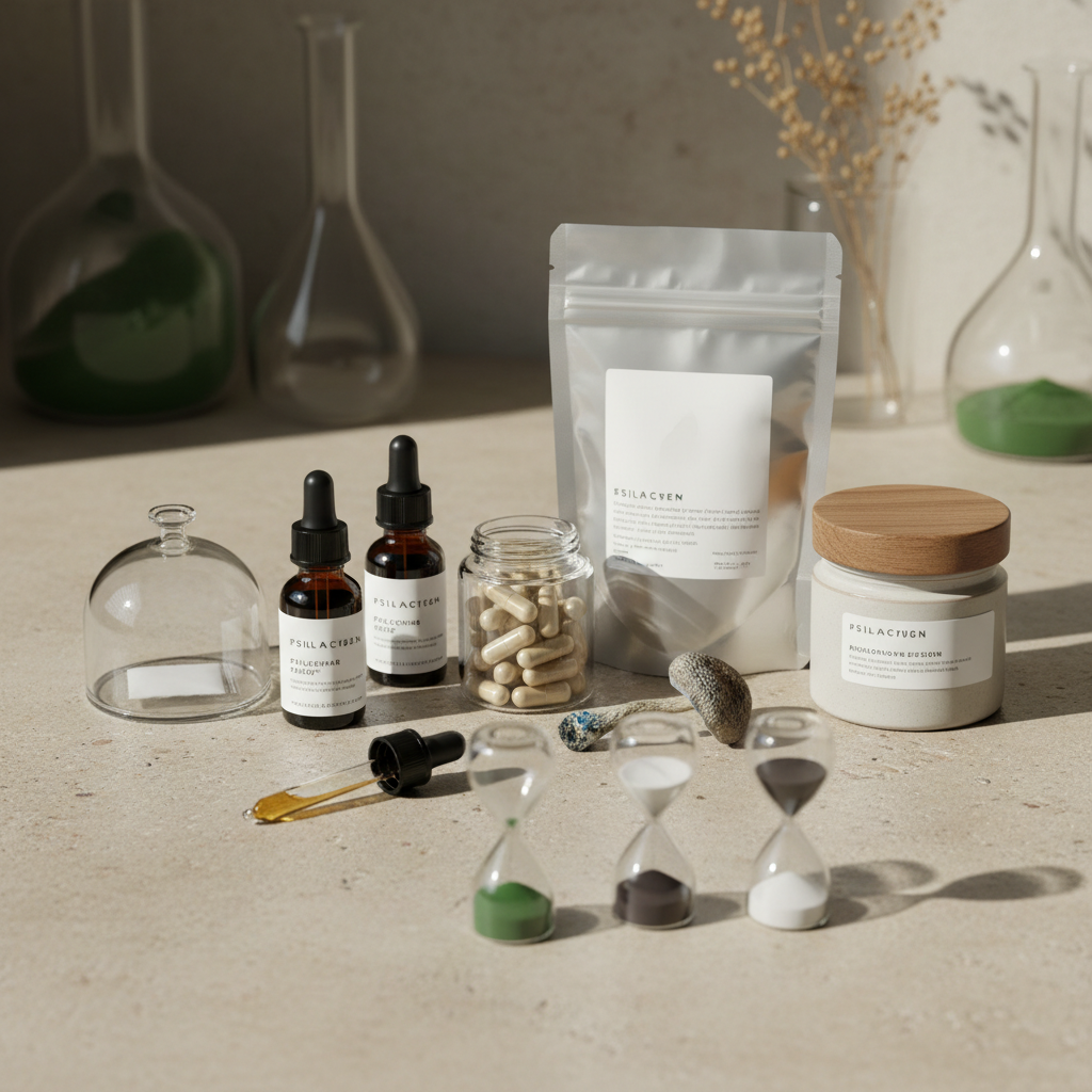 Split jar of dried mushrooms showing fresh vibrant side versus faded degraded side in purple and teal glow