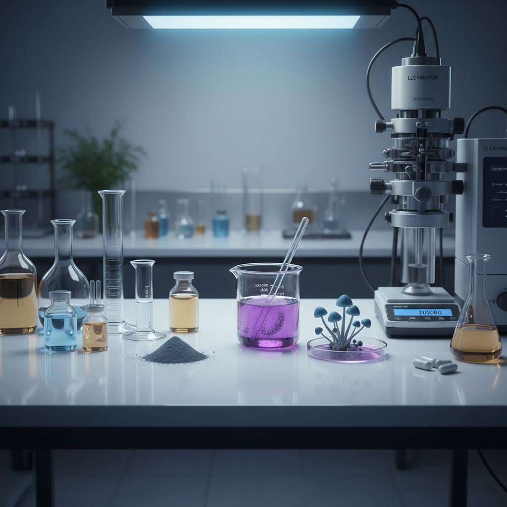 Laboratory chromatography equipment with glowing vials of mushroom extracts and a scientific graph on a monitor