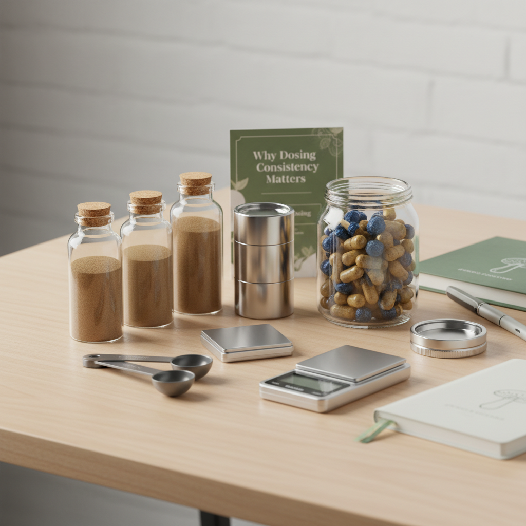 Precision scale weighing ground mushroom powder into capsules contrasted with whole dried mushrooms spilling from a bag