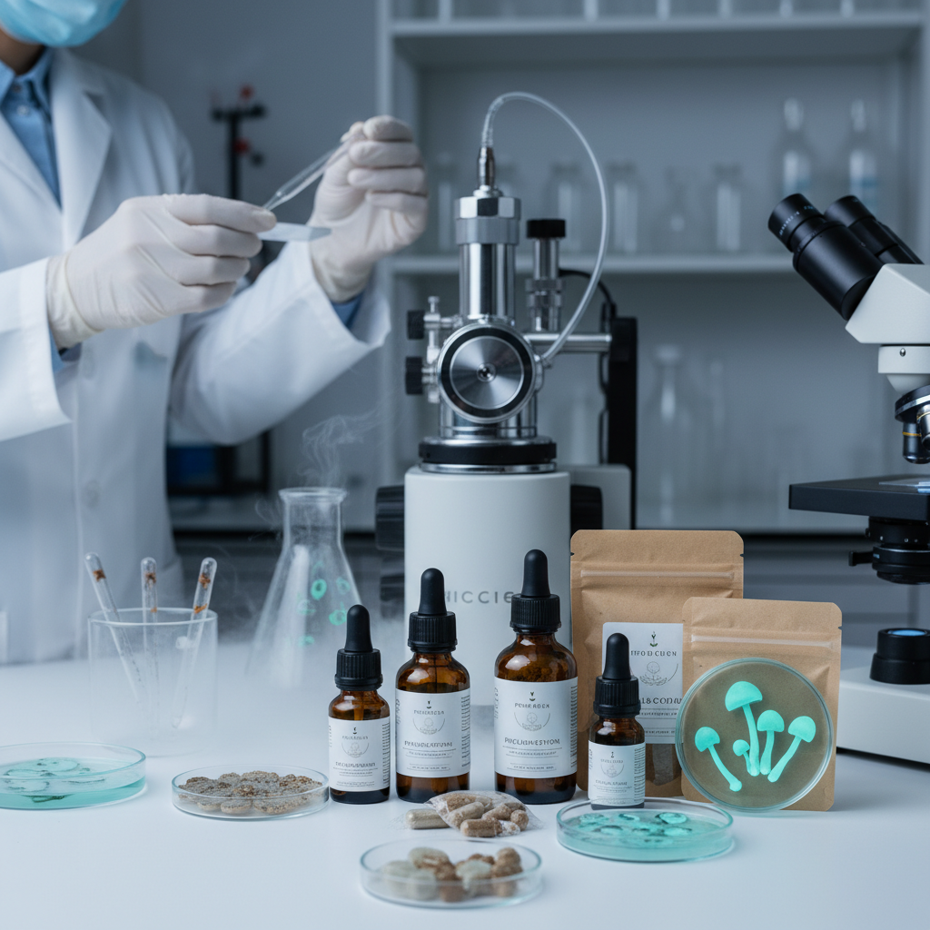 Scientific laboratory with bioluminescent mushroom specimens in glass beakers and chromatography equipment