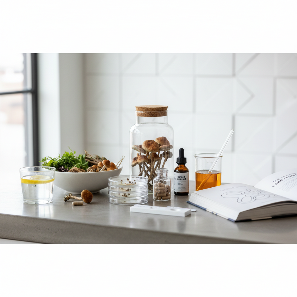 Psilocybin mushroom capsules next to a drug testing kit
