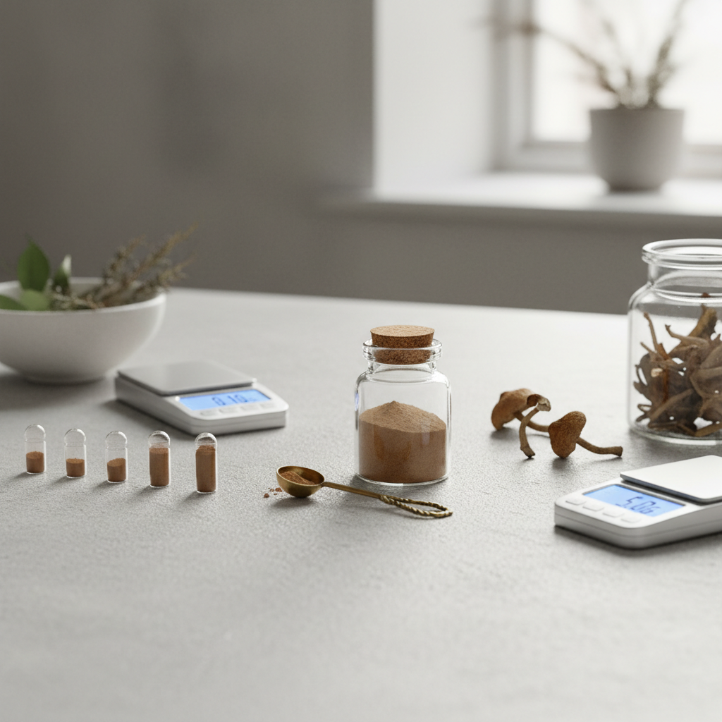 Digital scale measuring dried psilocybin mushrooms for dosage guide