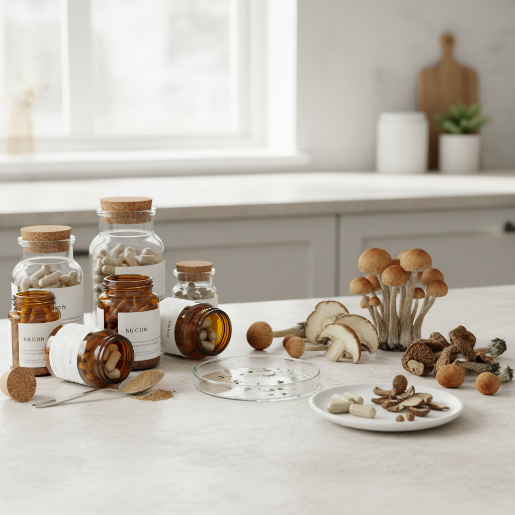 Mushroom capsules next to dried psilocybin mushrooms comparison