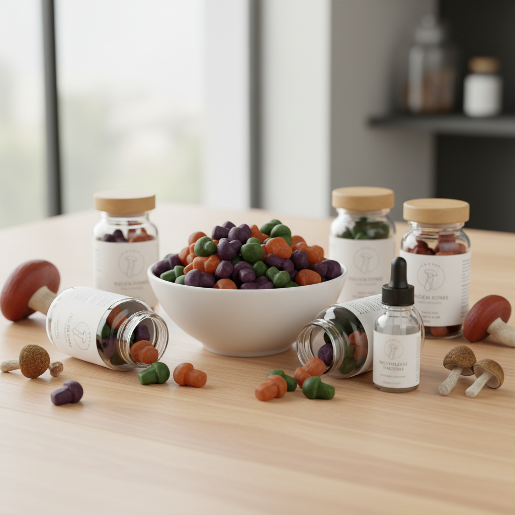 Colorful mushroom gummies on clean white surface