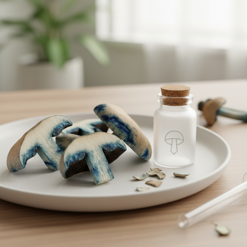 Psilocybin mushroom stem showing vivid blue bruising reaction