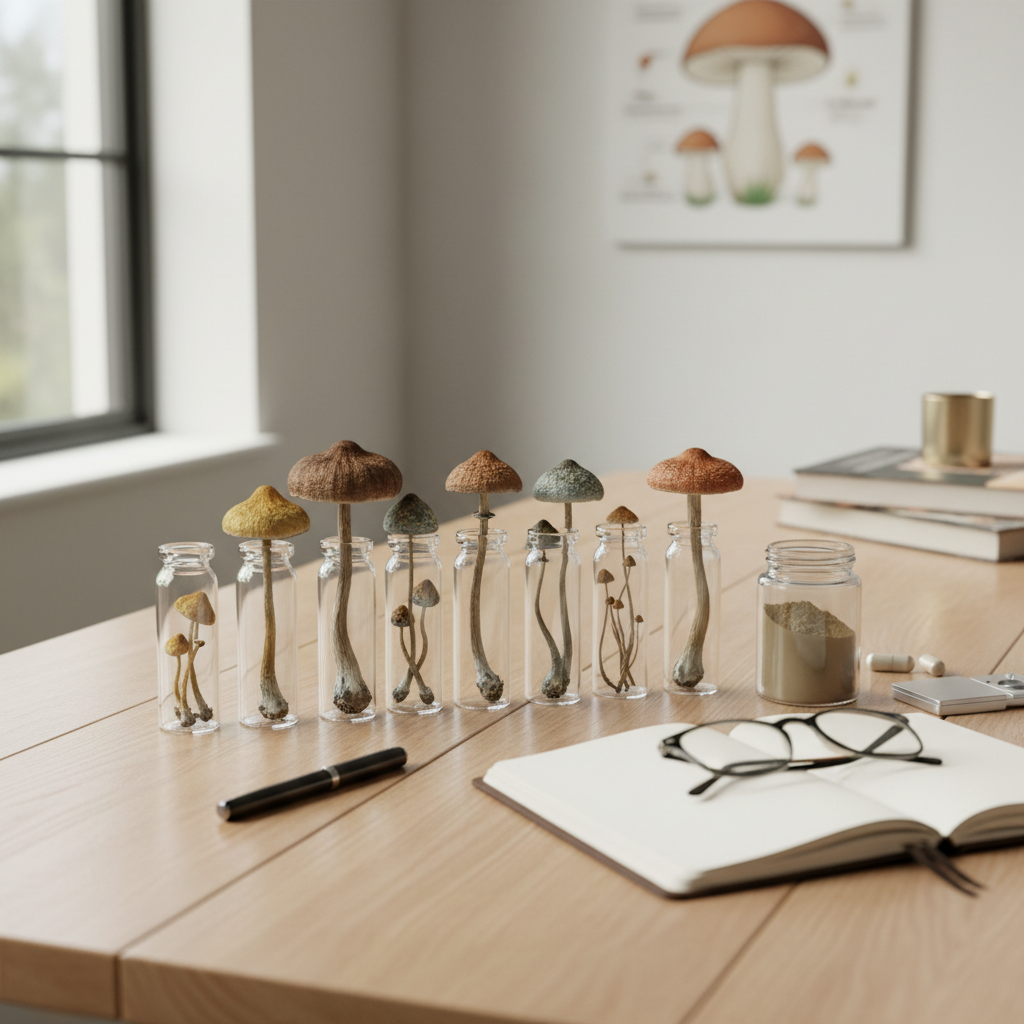 Different psilocybin mushroom strains arranged in a row