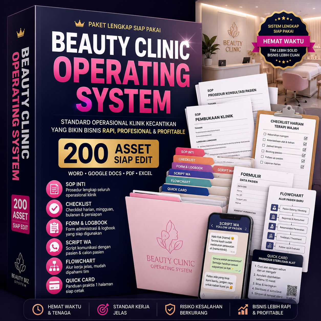 Beauty Clinic Operating System + 5 Bonus Premium — 200 Template Klinik Kecantikan Siap Edit
