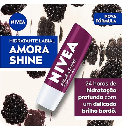 NIVEA Hidratante Labial Amora Shine 4,8 g - Cuidado intensivo para seus lábios, hidratação prolongada, delicioso aroma de amora, pigmentos brilhantes e cor delicada - Imagem 2
