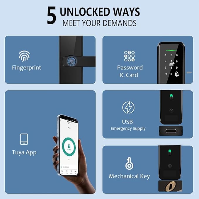 LucZeng Fechadura Digital Biométrica, 5 em 1 Inteligente Fechadura Eletronica com Tuya Wi-Fi, Touch Screen Fechadura Digital - Abertura via Biometria, Senha Numérica, cartão IC, chave e APP - Imagem 4