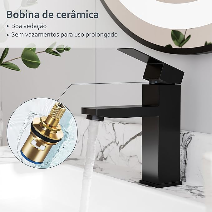 Torneira Banheiro Luxo Bacias Quadrada 1/4 Volta 304 Inox Aço Preta Bancada Pia Banheiro - Imagem 5