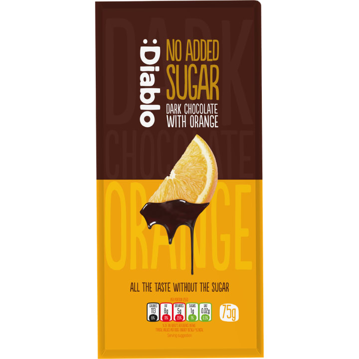 Diablo No Added Sugar Dark Chocolate with Orange 75g bar in its pack