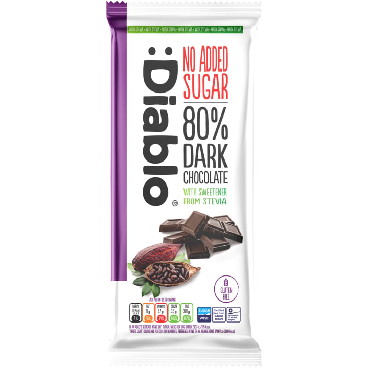 Diablo No Added Sugar 80 percent Dark Chocolate 75g bar in its pack
