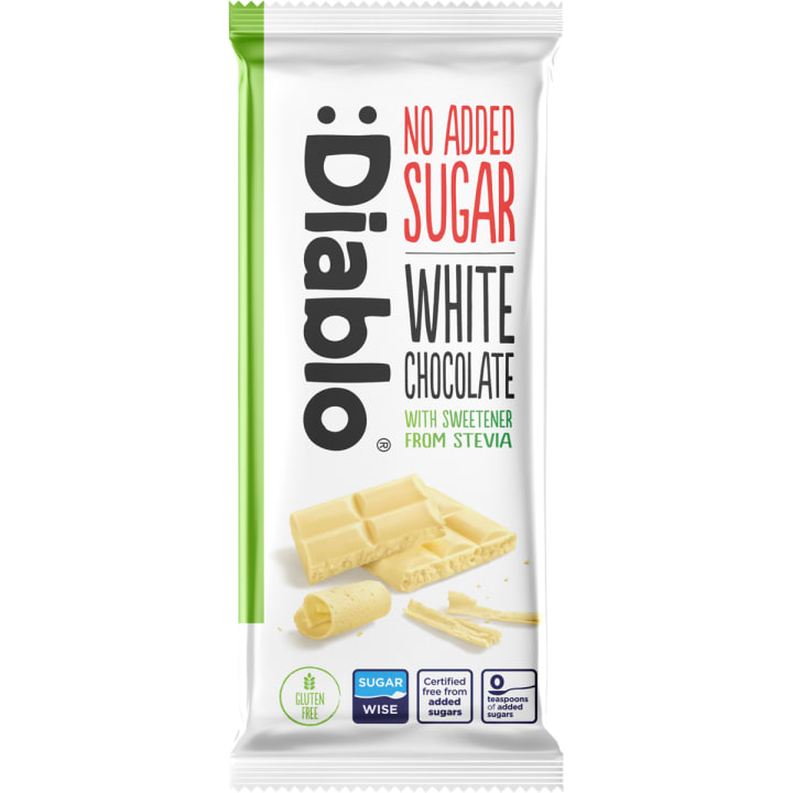 Diablo No Added Sugar White Chocolate 75g bar in its pack
