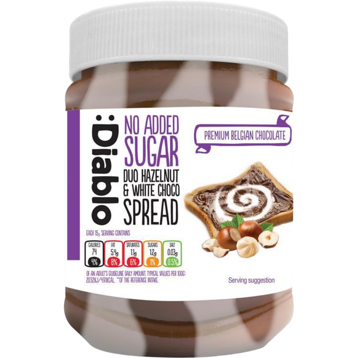 Diablo No Added Sugar Duo Hazelnut and White Choco Spread 350 g jar in its pack