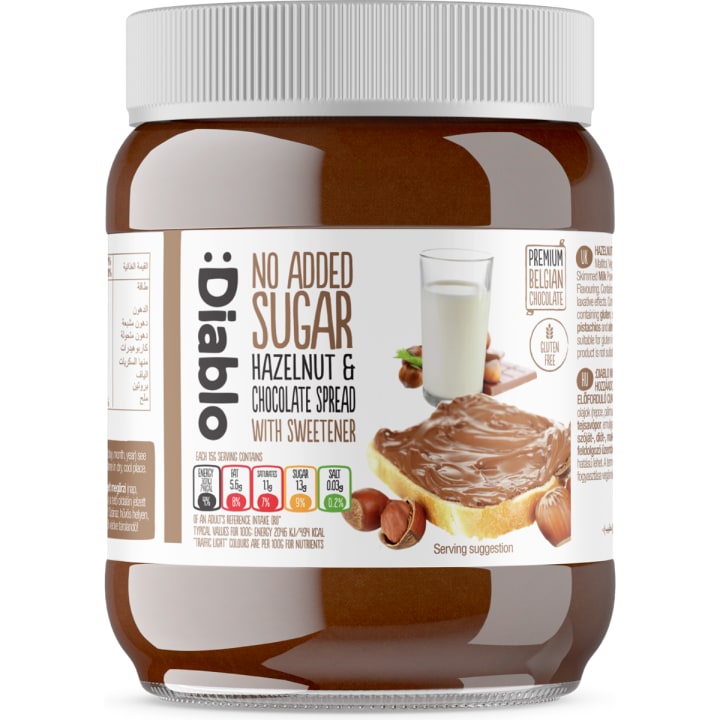 Diablo No Added Sugar Hazelnut and Chocolate Spread 350 g jar in its pack