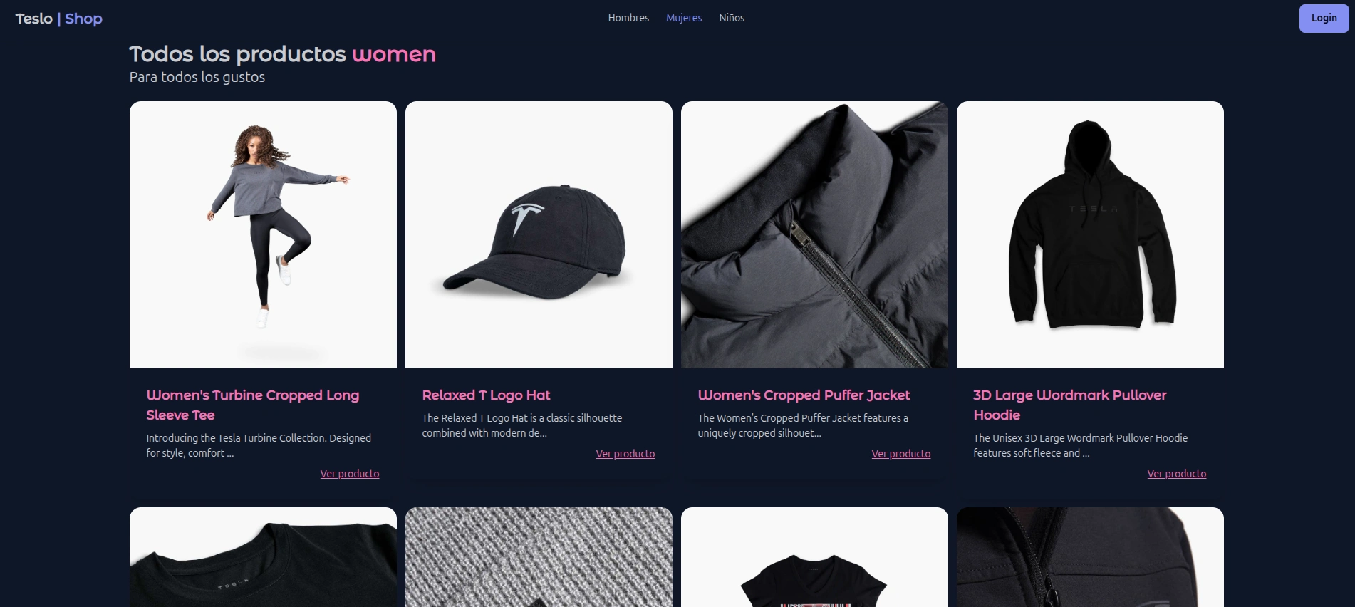 Captura de pantalla del proyecto Teslo Shop