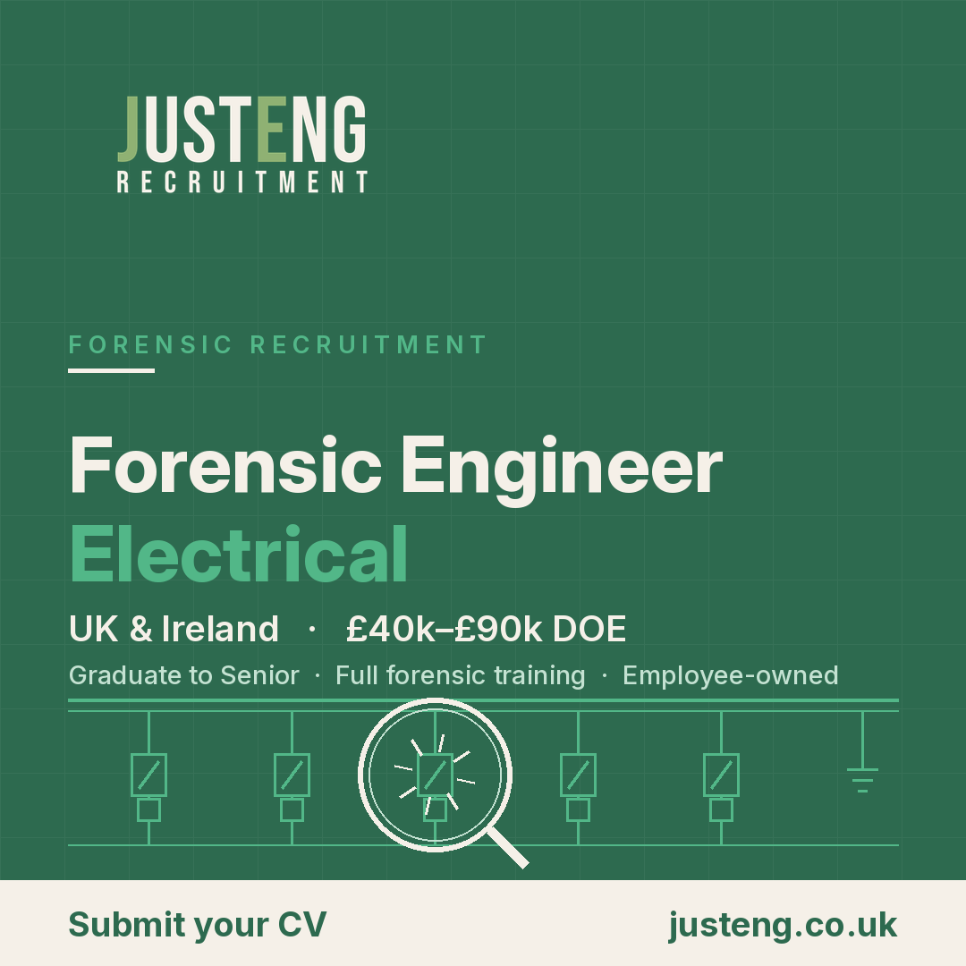JustEng — Forensic Engineer (Electrical), UK & Ireland, £40k–£90k DOE