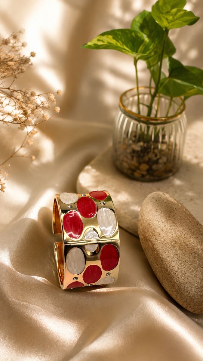 Luxury Gold  Red & White Color Anti-Tarnish Kada (MINIKADA-04)