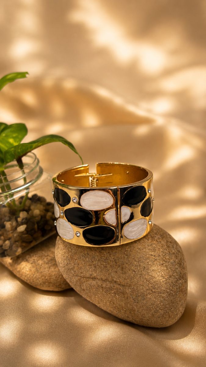 Luxury Gold  Black & White Color Anti-Tarnish Kada  (MINIKADA-06)