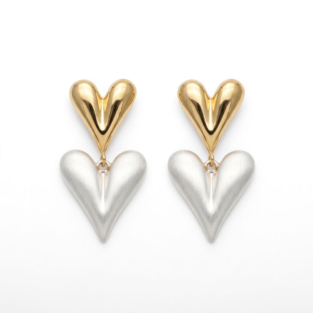 Two-Tone Gold & Silver Sculpted Heart Drop Earrings