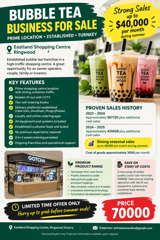 Established Famous Bubble Tea Business For Sale in Ringwood