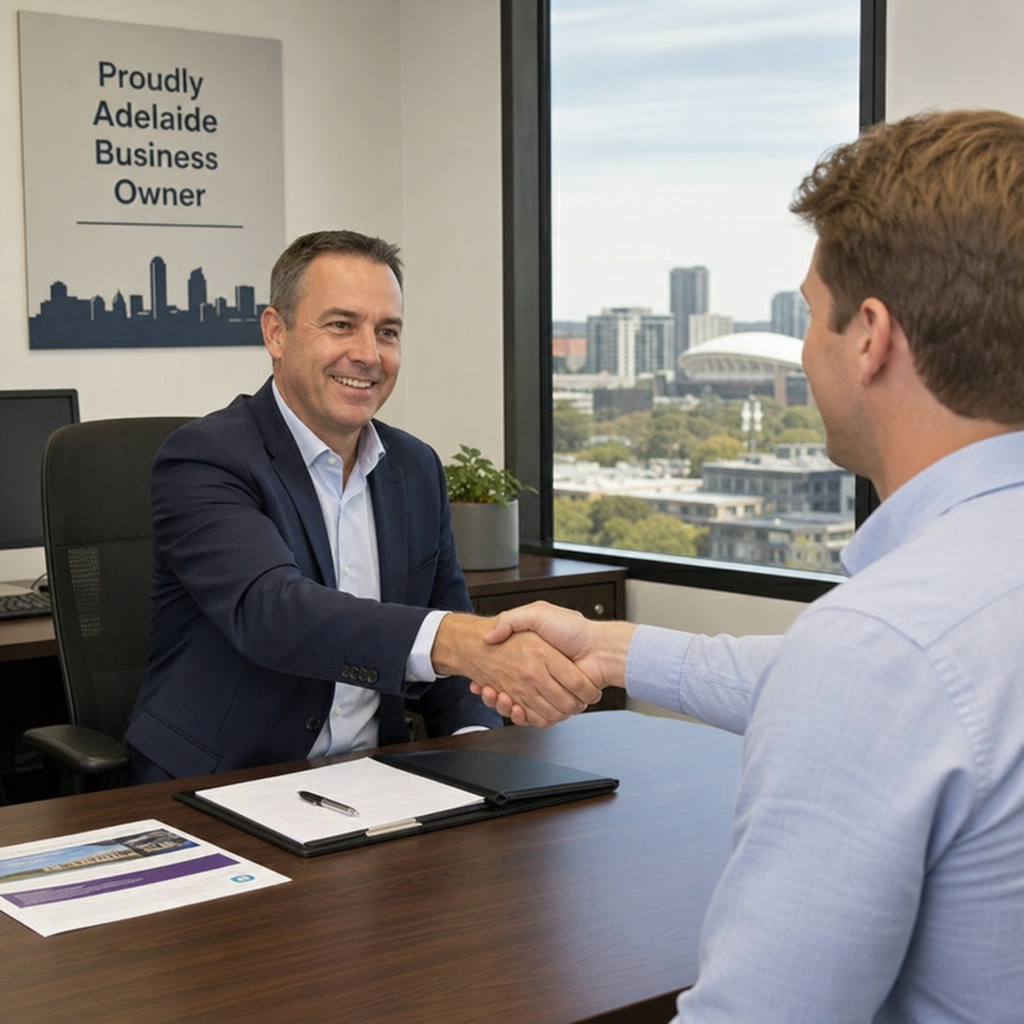A professional business owner shaking hands with a buyer in an Adelaide office
