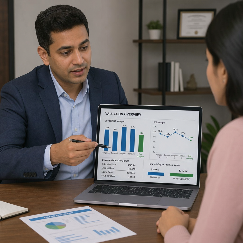 A financial advisor pointing at valuation charts and graphs on a laptop screen
