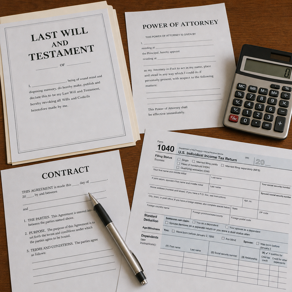 Legal documents and tax forms laid out on a wooden desk with a pen and calculator