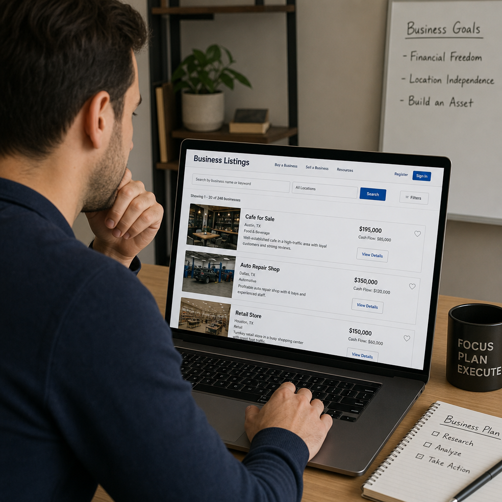 Entrepreneur reviewing business listings on a laptop in Melbourne