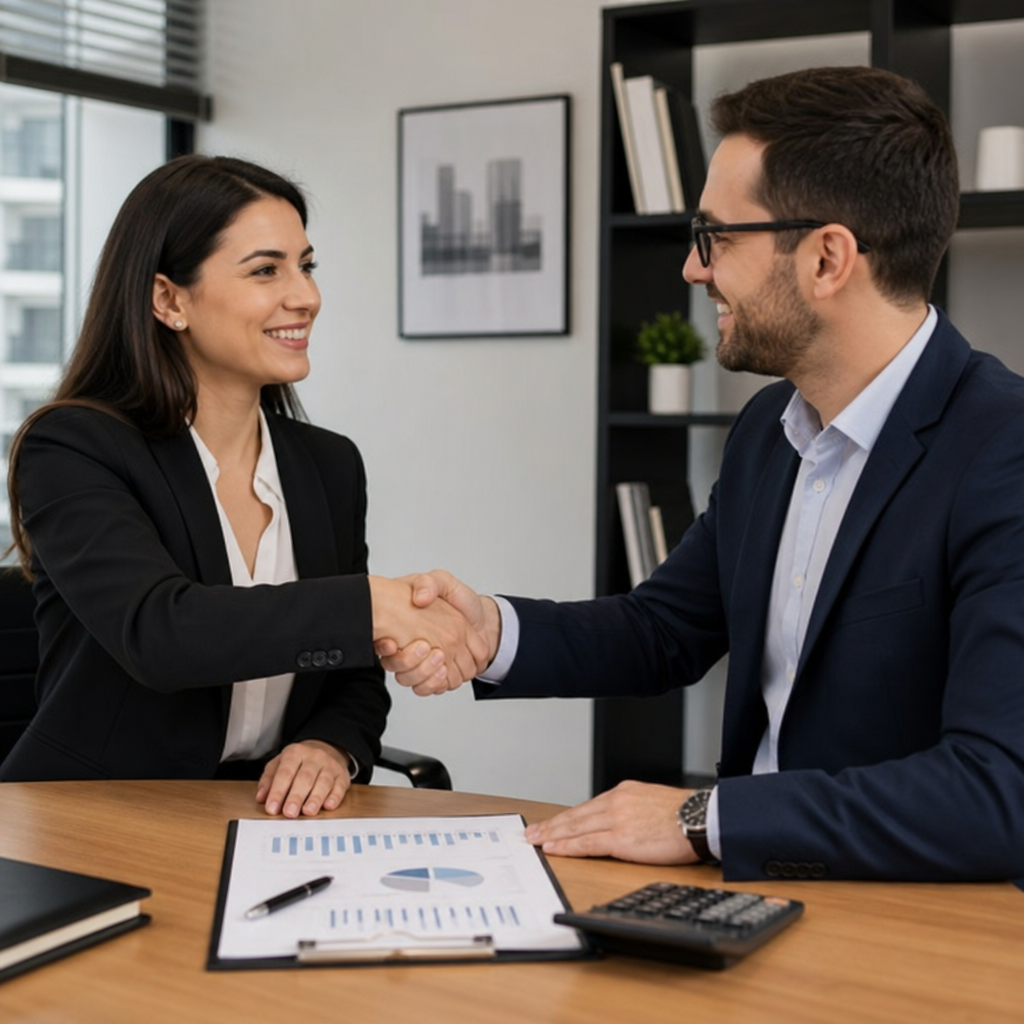 Two professionals shaking hands over a financial document in a modern office