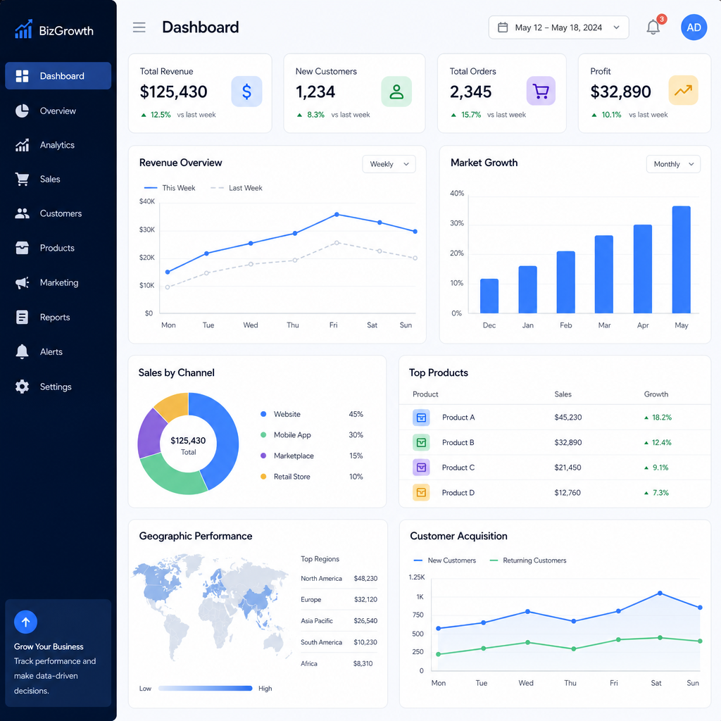 A digital dashboard showing business growth and market analytics