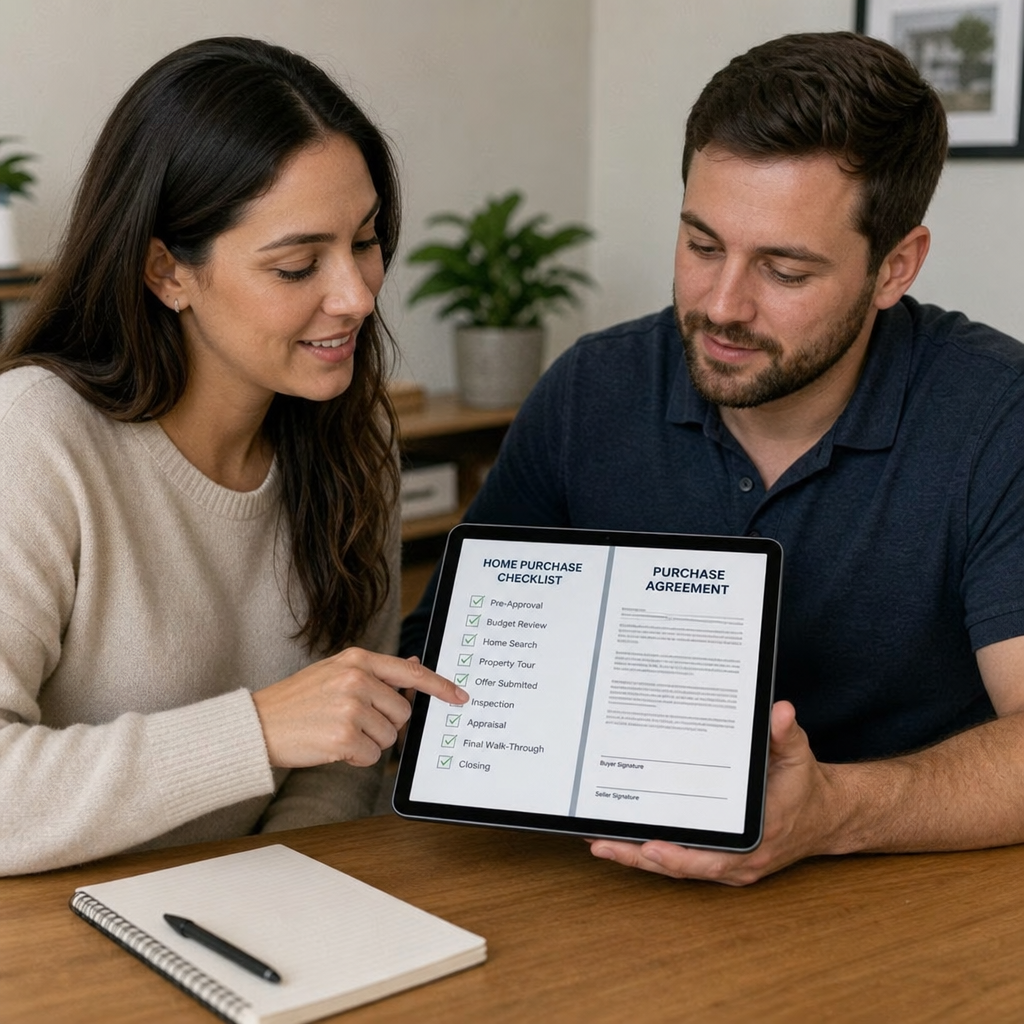 A buyer and seller reviewing a checklist and purchase agreement on a tablet