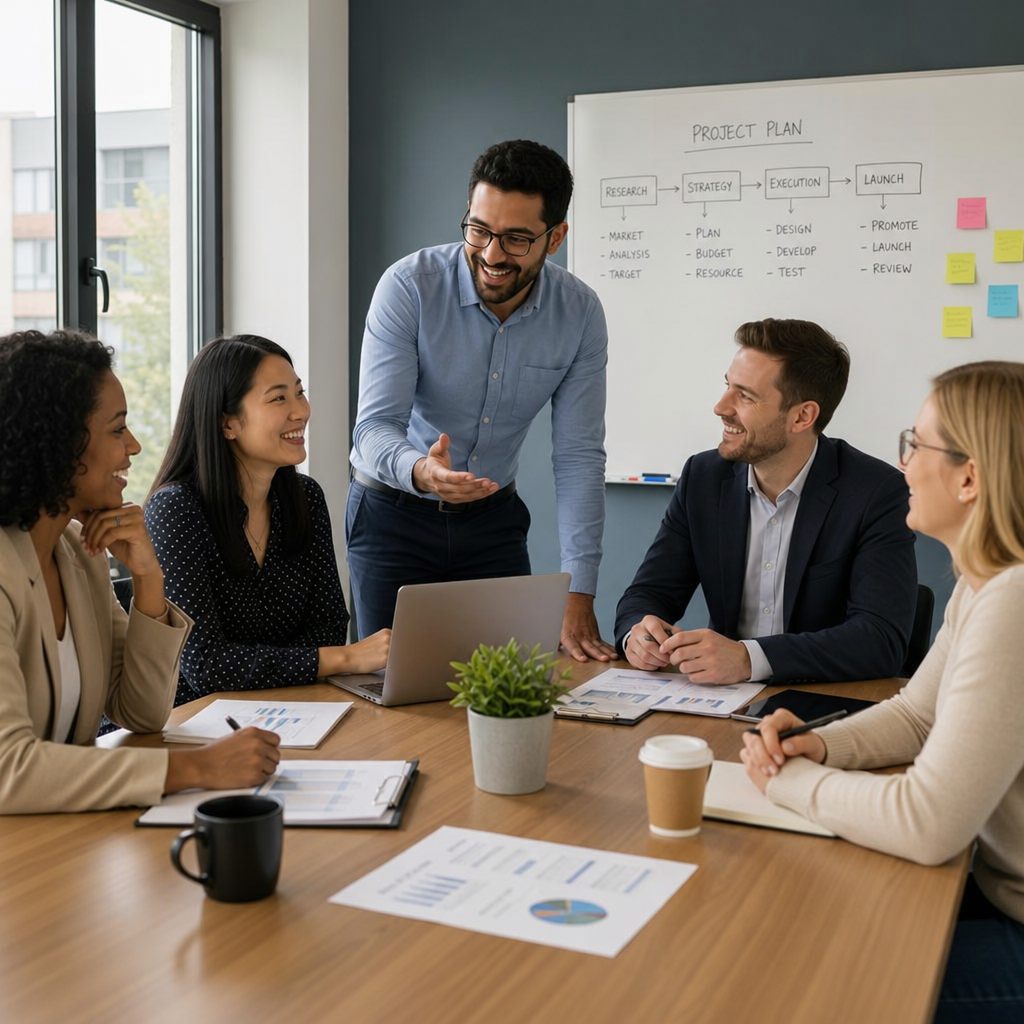 A team of diverse professionals collaborating happily in a boardroom