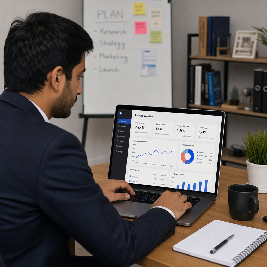 A professional entrepreneur analyzing digital business metrics on a laptop