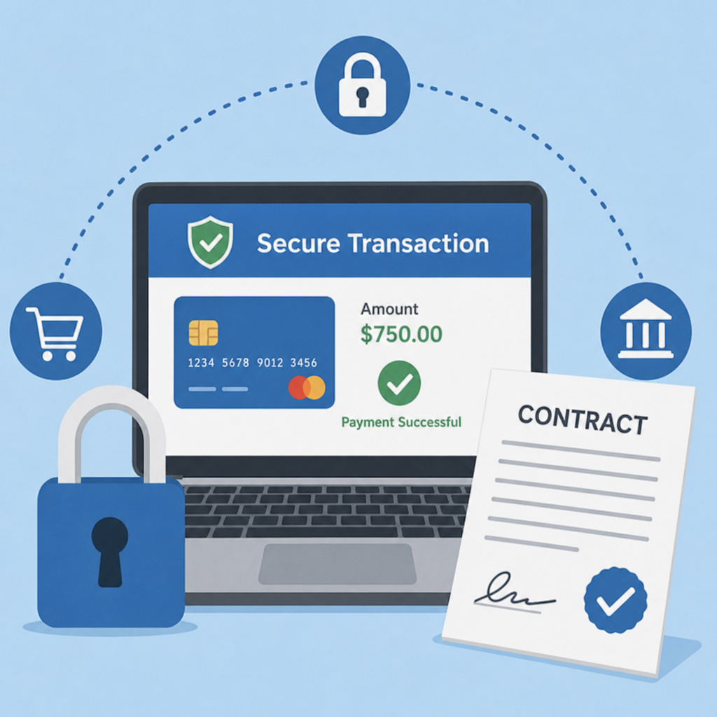 A secure online transaction process with a digital padlock and contract