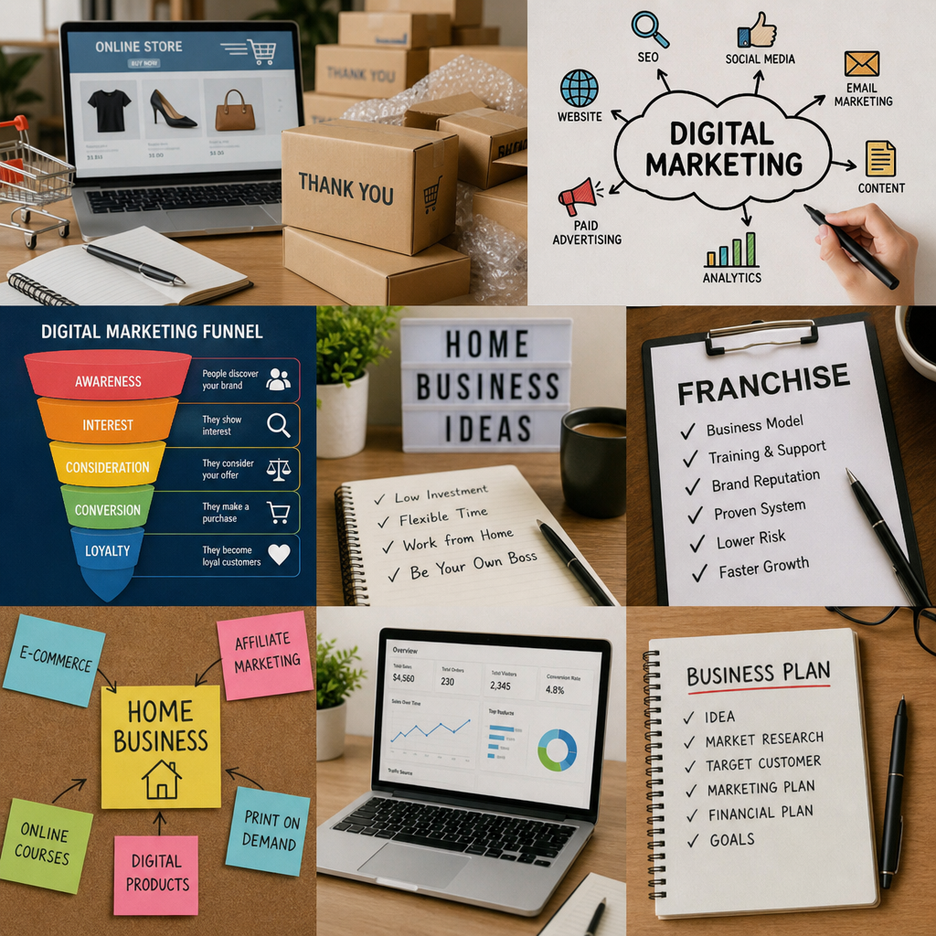 A collage of different home business concepts including e-commerce packages, digital marketing charts, and franchise documents