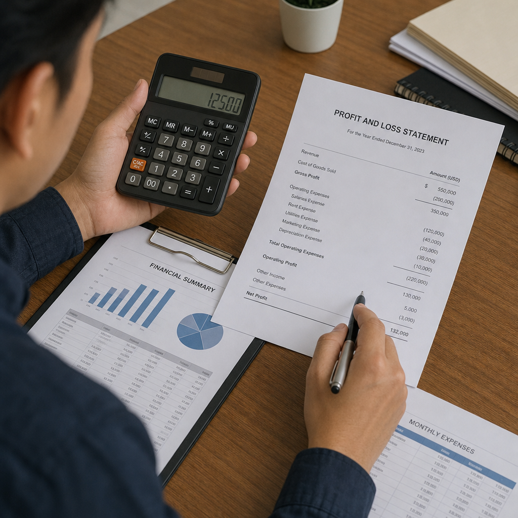 A person holding a calculator and reviewing financial documents and profit and loss statements