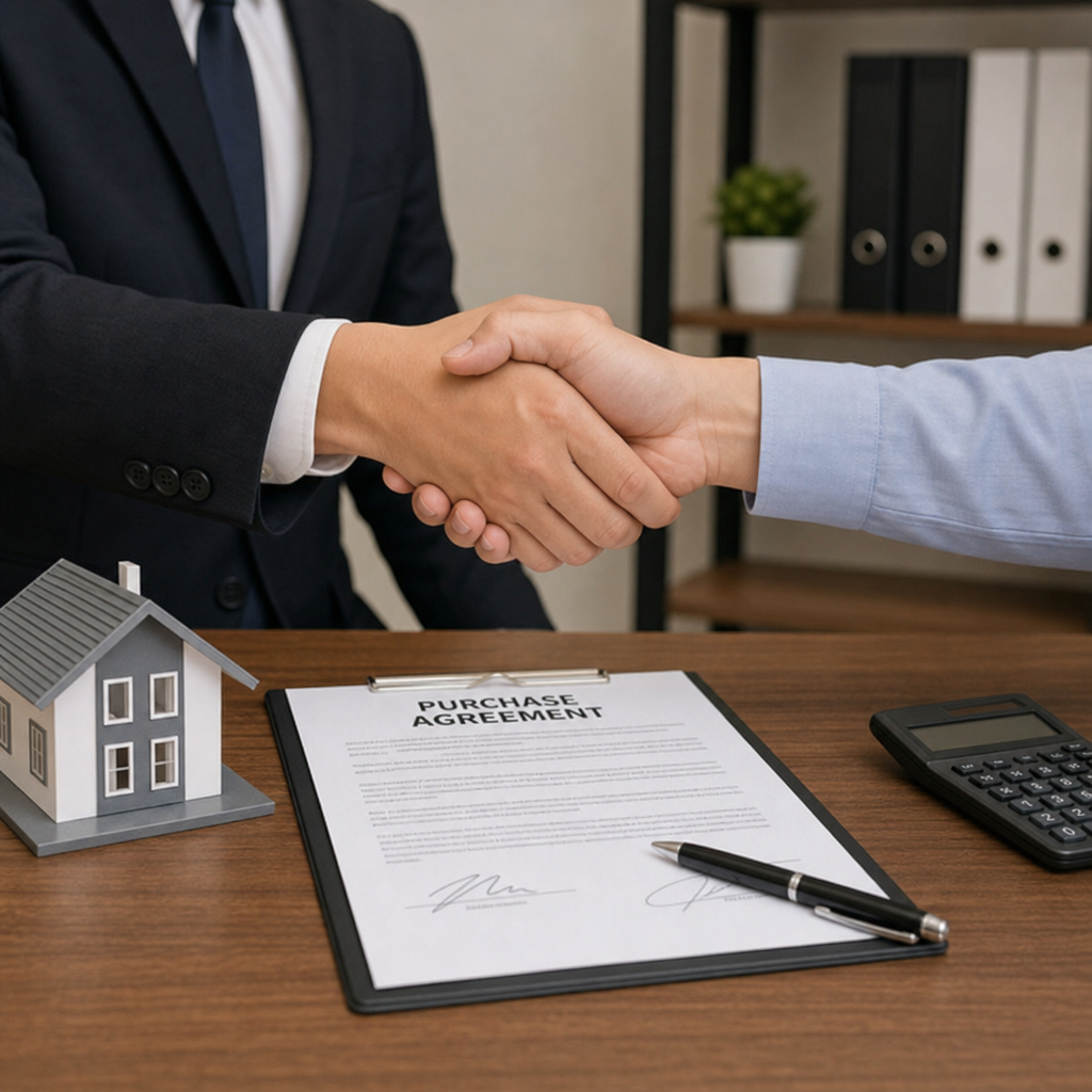 A handshake between a business buyer and seller over a signed purchase agreement on a desk