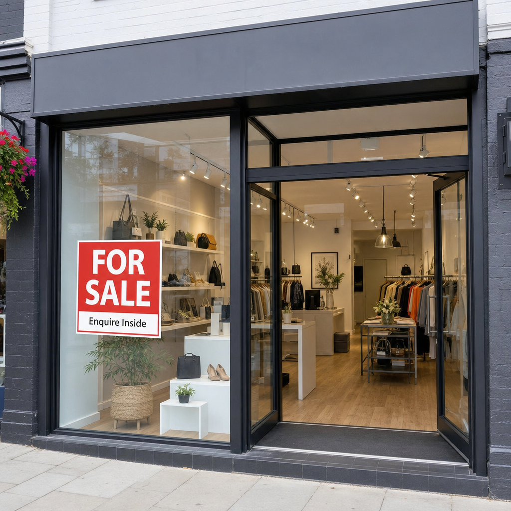 A bright, modern retail shop with a 'For Sale' sign in the window