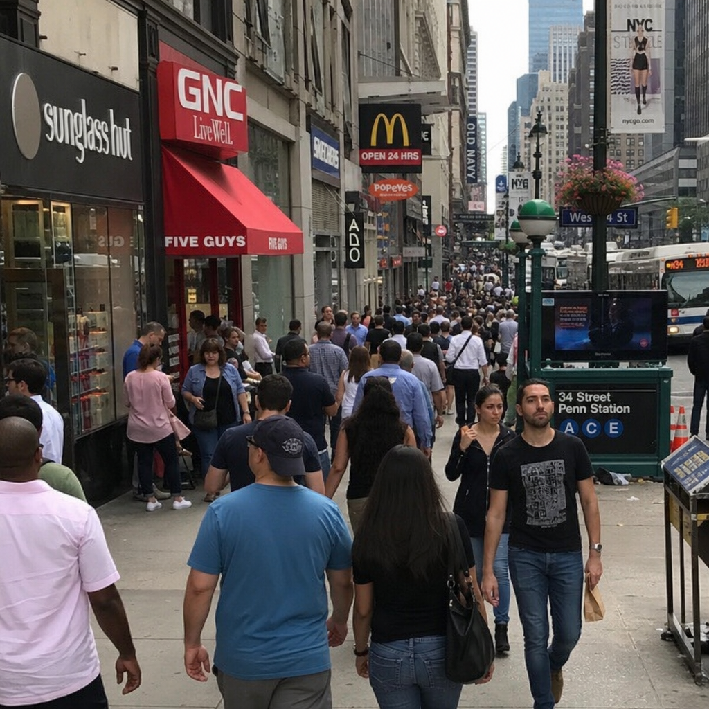 Busy city street showing high foot traffic storefront locations