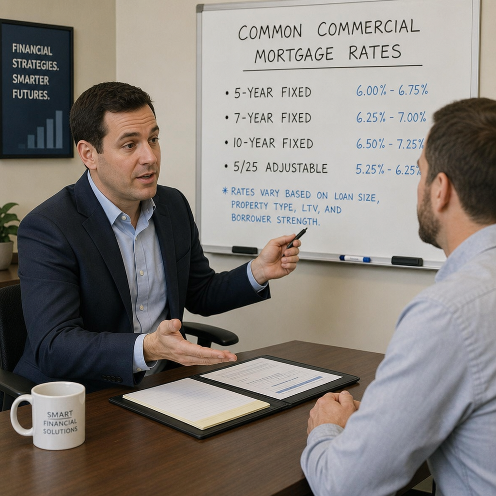 A financial advisor discussing common commercial mortgage rates with a client