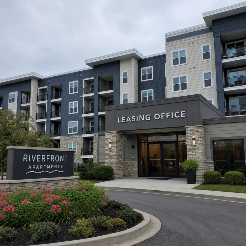 A modern high-rise apartment complex representing a typical property management workplace