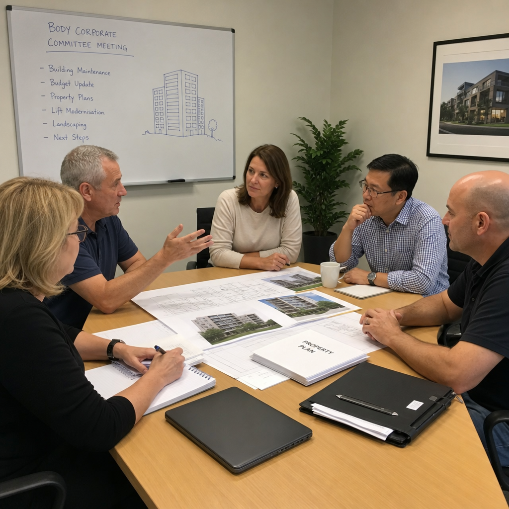 Body corporate committee members discussing property plans in a meeting room