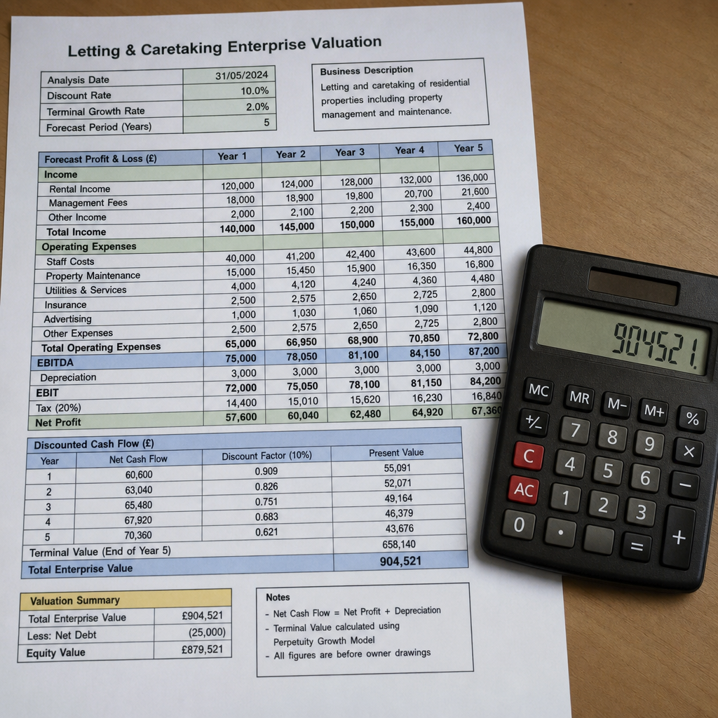 A financial spreadsheet and calculator used for valuing a letting and caretaking enterprise