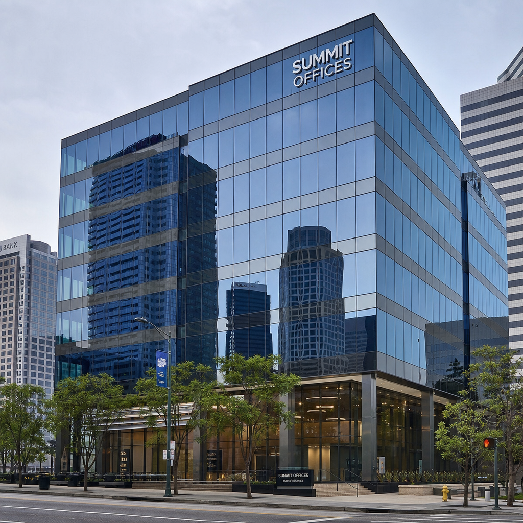 A modern glass commercial office building reflecting the city skyline in English