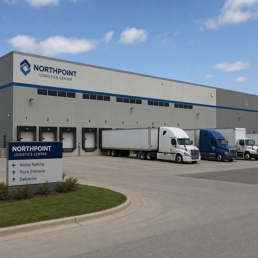 A large industrial warehouse facility with delivery trucks parked outside in English