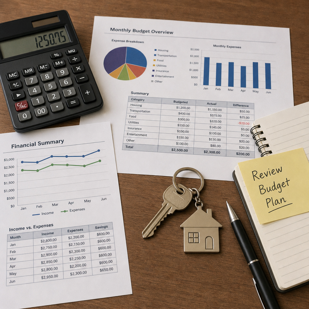 A desk with financial charts, a calculator, and a set of keys resting on top in English