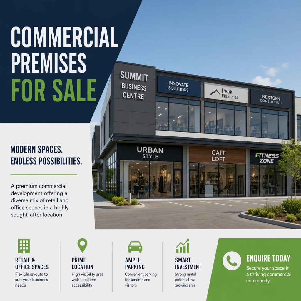 Modern commercial premises for sale featuring a diverse mix of retail and office spaces