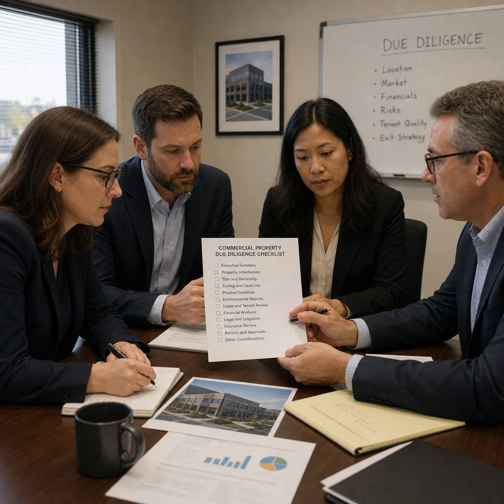 A team of professionals reviewing a commercial property due diligence checklist in an office