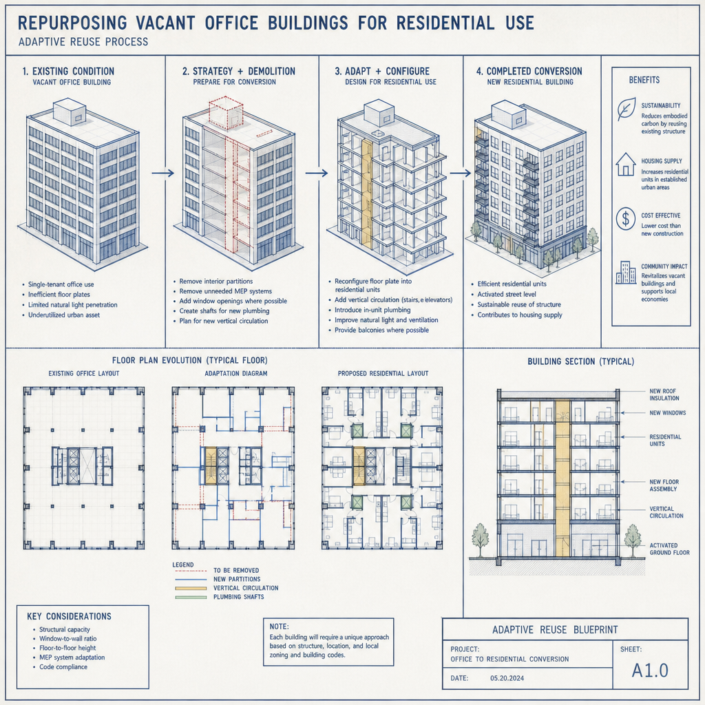 Architectural blueprints showing the process of repurposing vacant office buildings for residential use